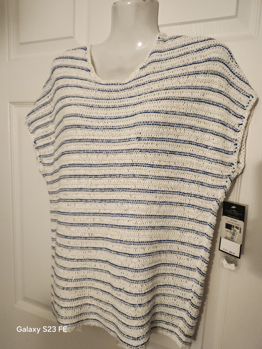 Lauren Ralph Lauren White Knit Top with Blue Stripes